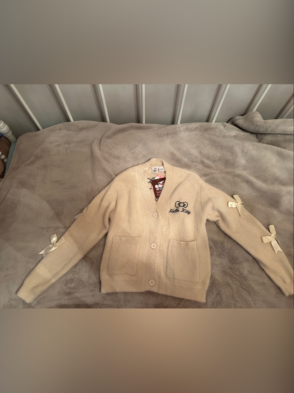 Hello Kitty Cream Knit Cardigan with Sleeve Bows